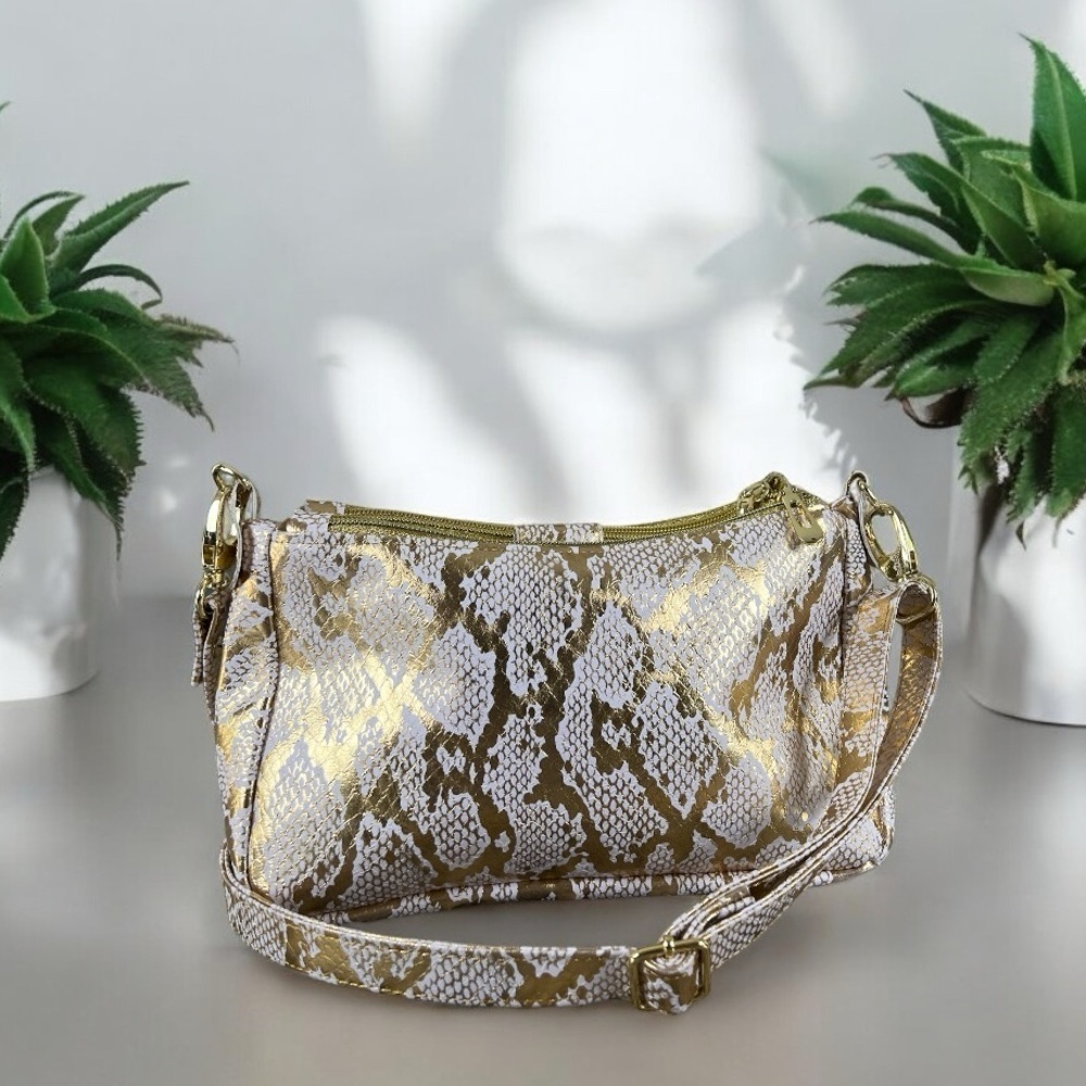 Boutique Metallic Gold & White Python Vegan Leather Crossbody Shoulder Purse New